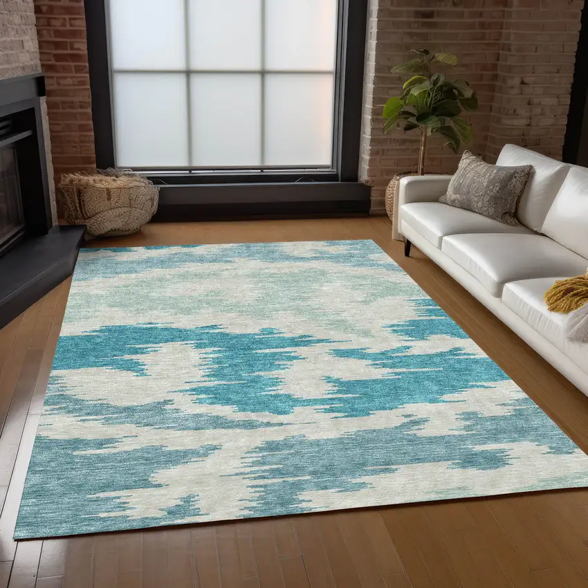Teal Blue Aqua And Ivory Abstract Washable Indoor Outdoor Area Rug Photo 8