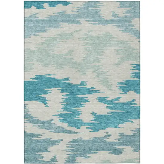Teal Blue Aqua And Ivory Abstract Washable Indoor Outdoor Area Rug Photo 1