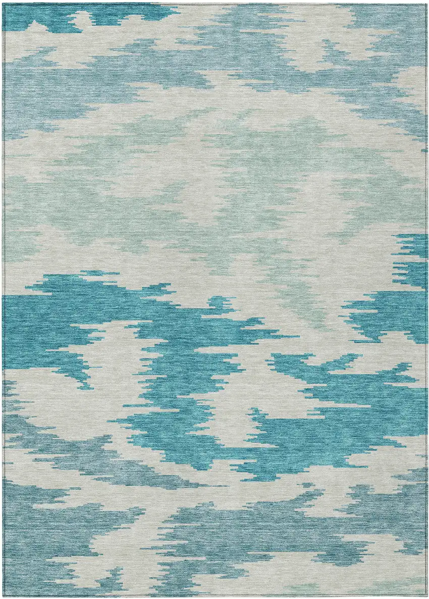 Teal Blue Aqua And Ivory Abstract Washable Indoor Outdoor Area Rug Photo 1