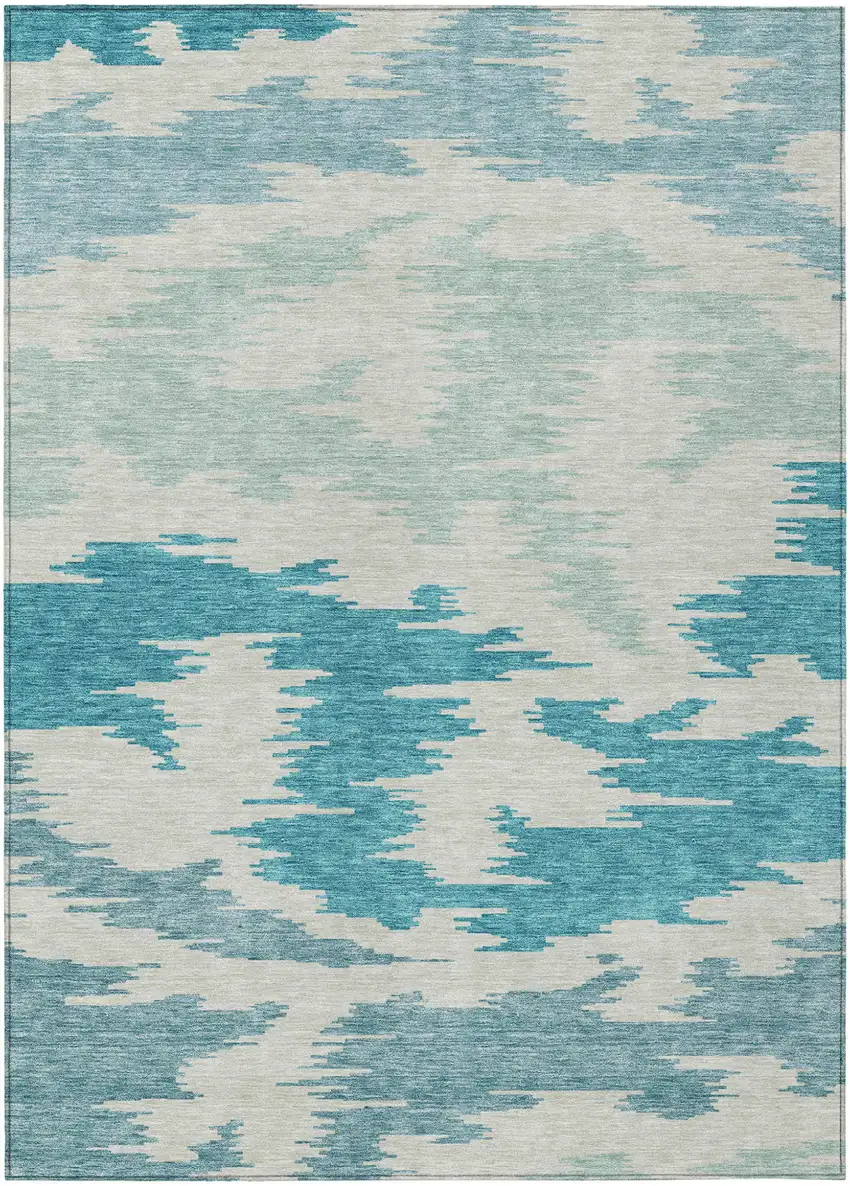 Teal Blue Aqua And Ivory Abstract Washable Indoor Outdoor Area Rug Photo 1
