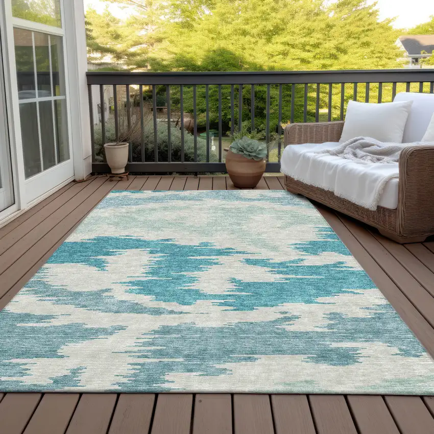 Teal Blue Aqua And Ivory Abstract Washable Indoor Outdoor Area Rug Photo 7