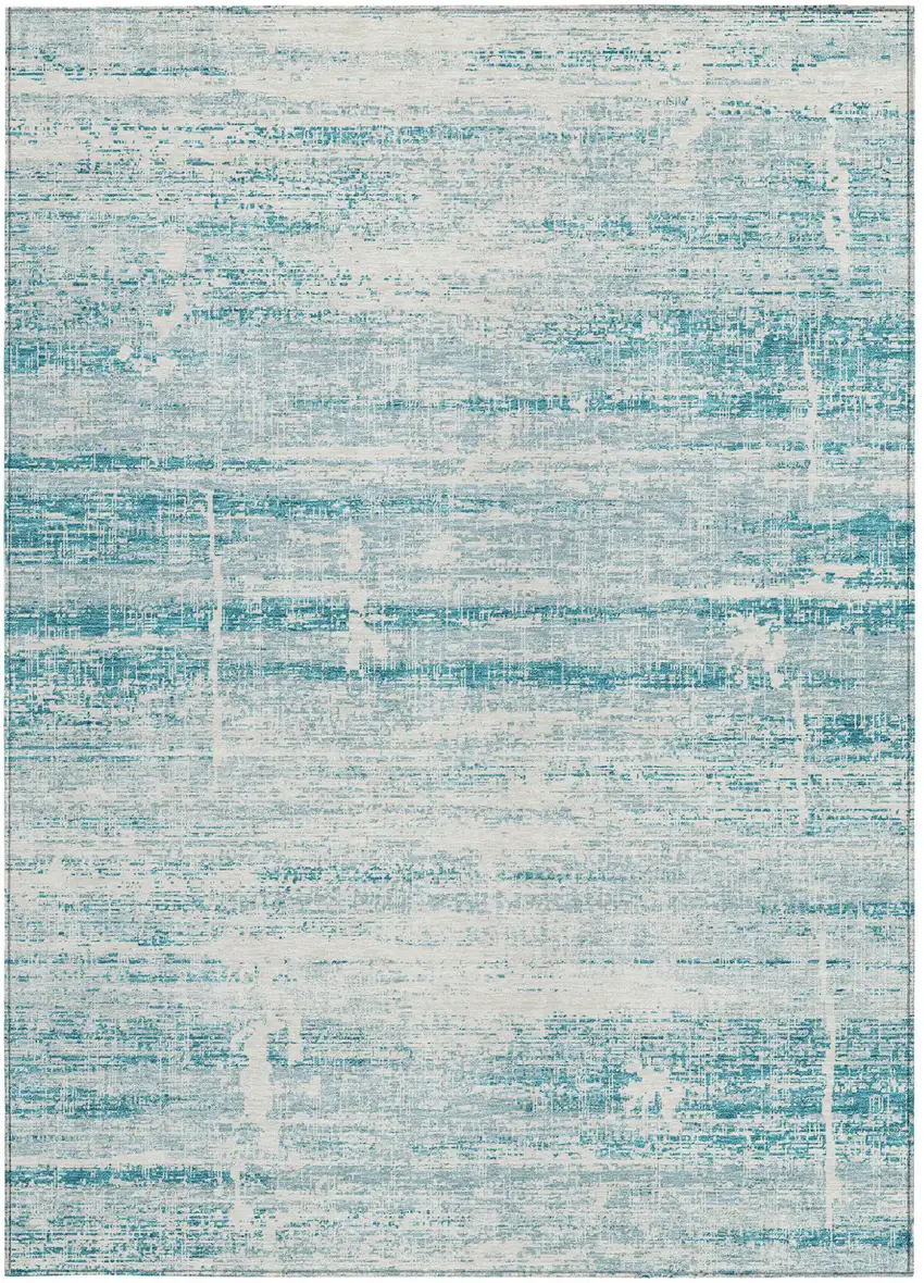 Teal Blue Aqua And Ivory Abstract Washable Indoor Outdoor Area Rug Photo 5
