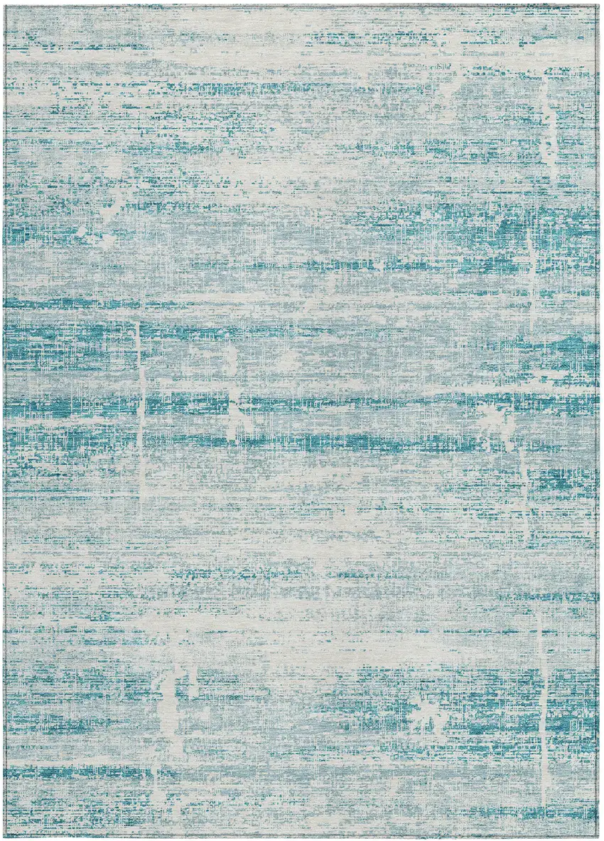 Teal Blue Aqua And Ivory Abstract Washable Indoor Outdoor Area Rug Photo 5