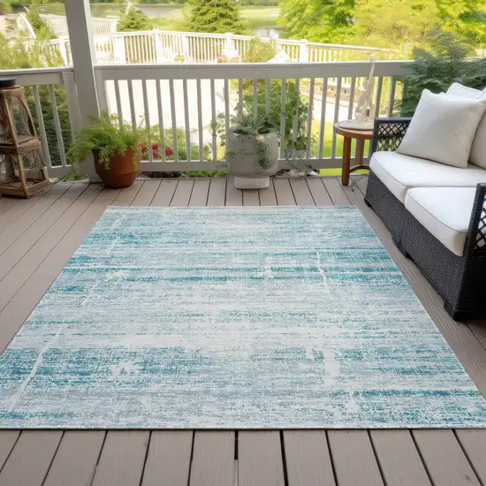 Teal Blue Aqua And Ivory Abstract Washable Indoor Outdoor Area Rug Photo 6