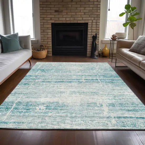 Teal Blue Aqua And Ivory Abstract Washable Indoor Outdoor Area Rug Photo 7