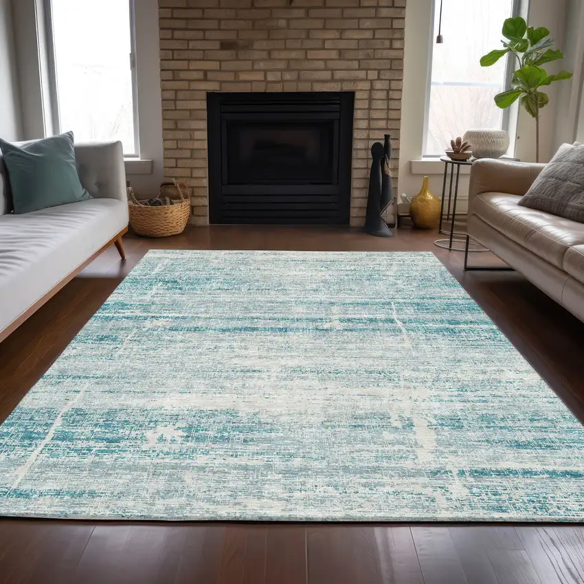 Teal Blue Aqua And Ivory Abstract Washable Indoor Outdoor Area Rug Photo 7