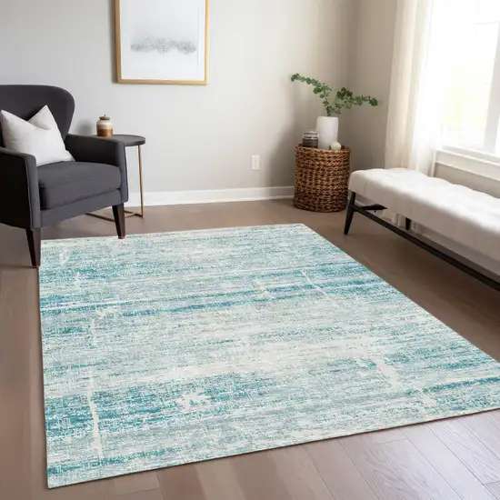 Teal Blue Aqua And Ivory Abstract Washable Indoor Outdoor Area Rug Photo 8