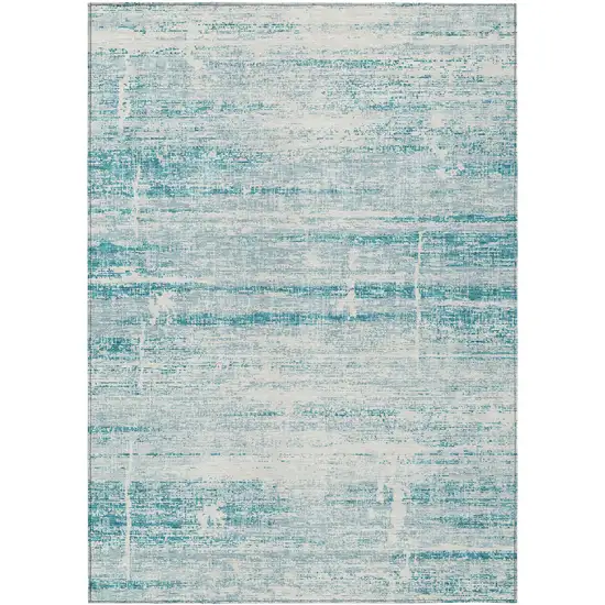 Teal Blue Aqua And Ivory Abstract Washable Indoor Outdoor Area Rug Photo 1