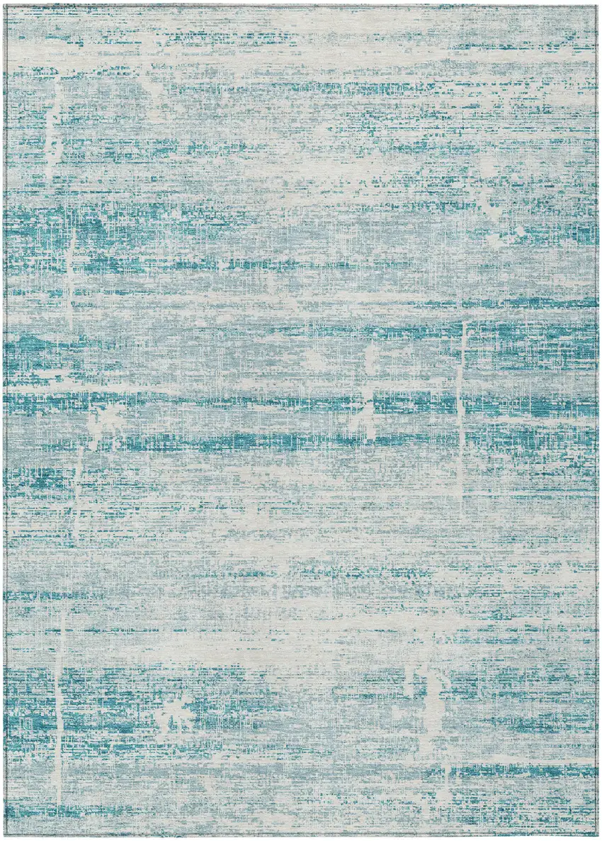 Teal Blue Aqua And Ivory Abstract Washable Indoor Outdoor Area Rug Photo 1