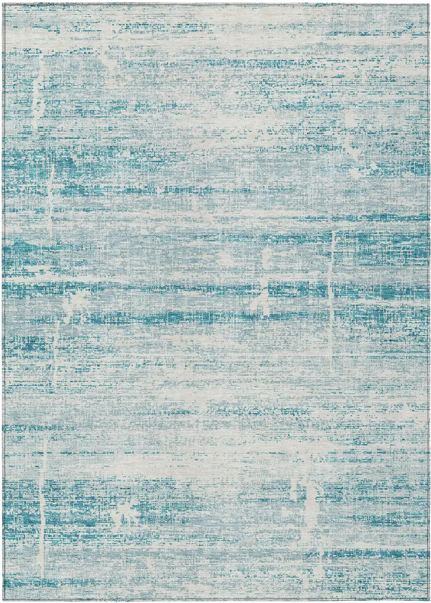 Teal Blue Aqua And Ivory Abstract Washable Indoor Outdoor Area Rug Photo 1