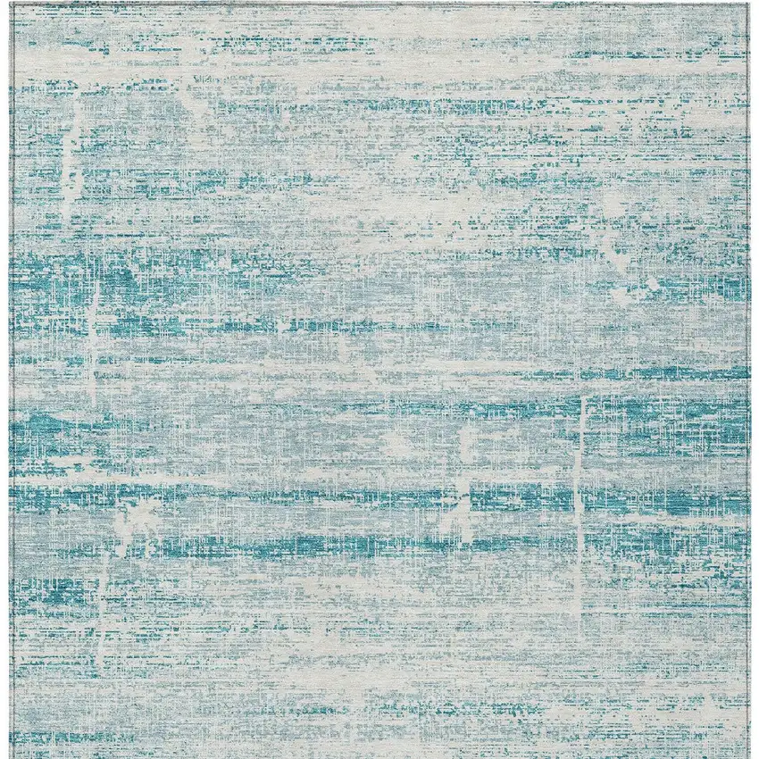 Teal Blue Aqua And Ivory Abstract Washable Indoor Outdoor Area Rug Photo 5
