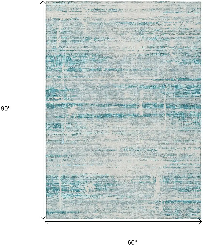 Teal Blue Aqua And Ivory Abstract Washable Indoor Outdoor Area Rug Photo 3