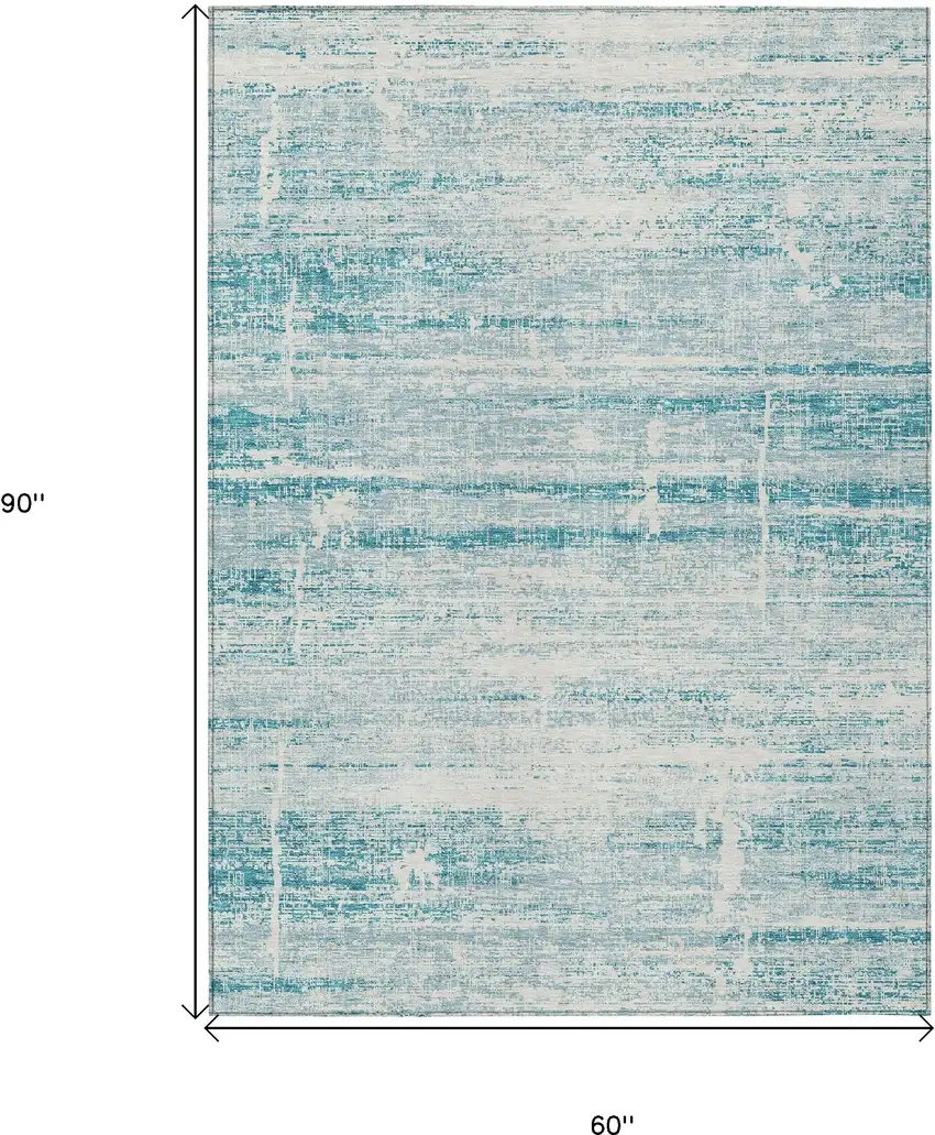 Teal Blue Aqua And Ivory Abstract Washable Indoor Outdoor Area Rug Photo 3