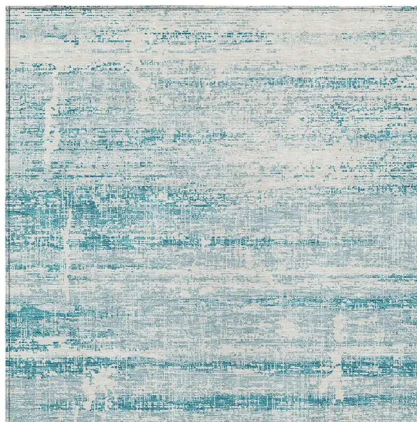 Teal Blue Aqua And Ivory Abstract Washable Indoor Outdoor Area Rug Photo 4