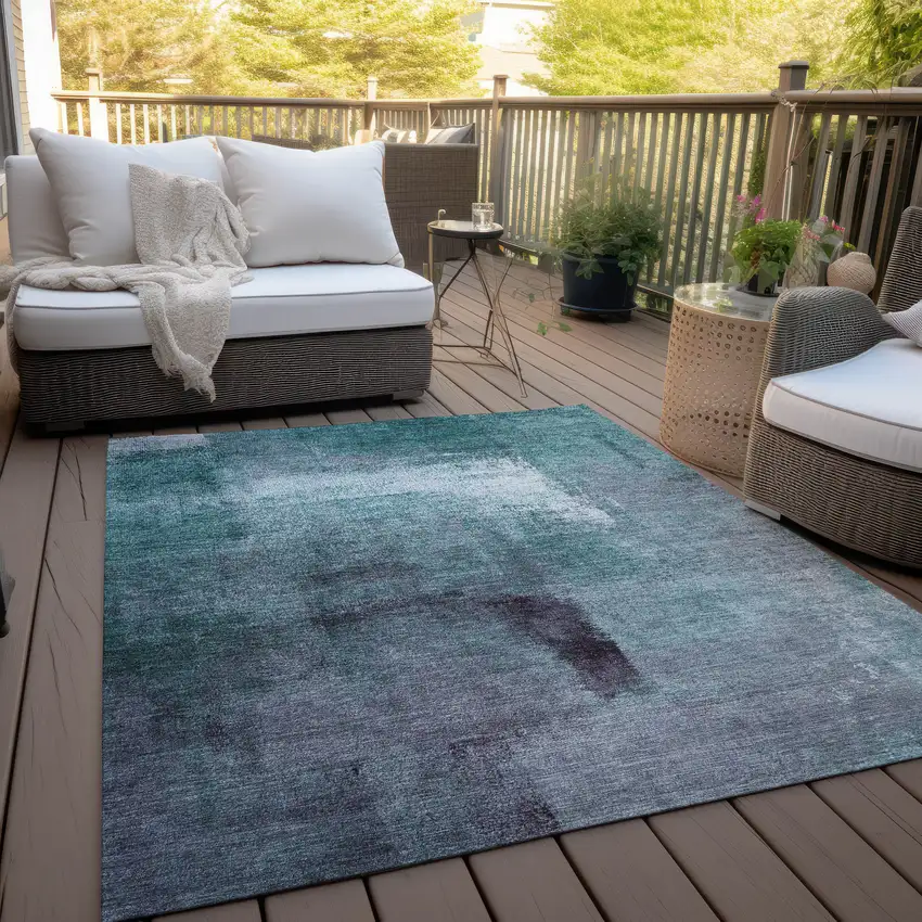 Teal Blue Aqua And Ivory Abstract Washable Indoor Outdoor Area Rug Photo 8
