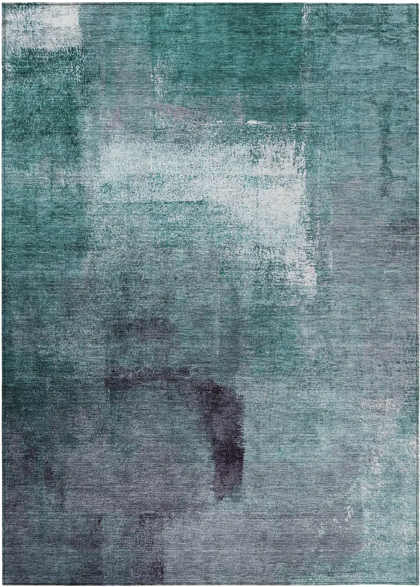 Teal Blue Aqua And Ivory Abstract Washable Indoor Outdoor Area Rug Photo 2