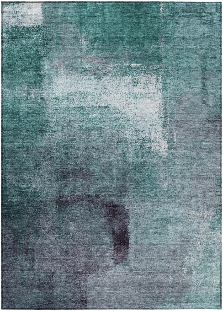 Teal Blue Aqua And Ivory Abstract Washable Indoor Outdoor Area Rug Photo 2