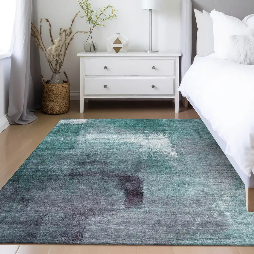 Teal Blue Aqua And Ivory Abstract Washable Indoor Outdoor Area Rug Photo 9