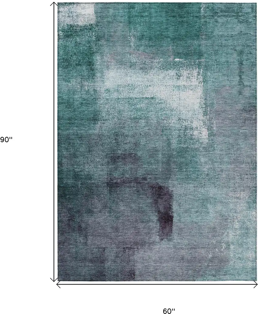 Teal Blue Aqua And Ivory Abstract Washable Indoor Outdoor Area Rug Photo 3
