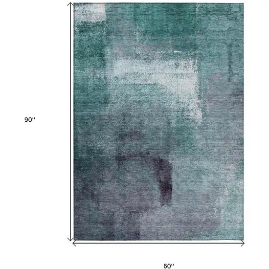 Teal Blue Aqua And Ivory Abstract Washable Indoor Outdoor Area Rug Photo 3