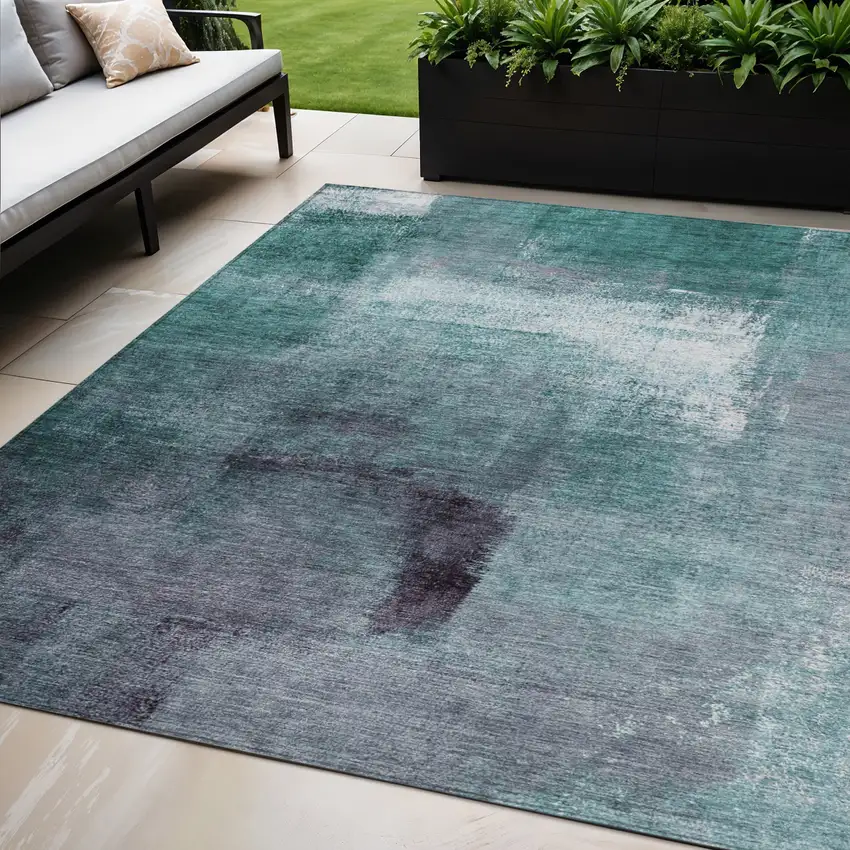 Teal Blue Aqua And Ivory Abstract Washable Indoor Outdoor Area Rug Photo 1