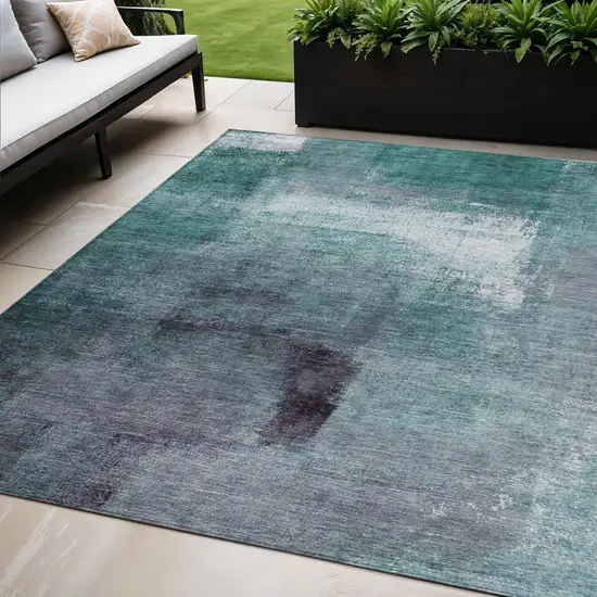 Teal Blue Aqua And Ivory Abstract Washable Indoor Outdoor Area Rug Photo 1