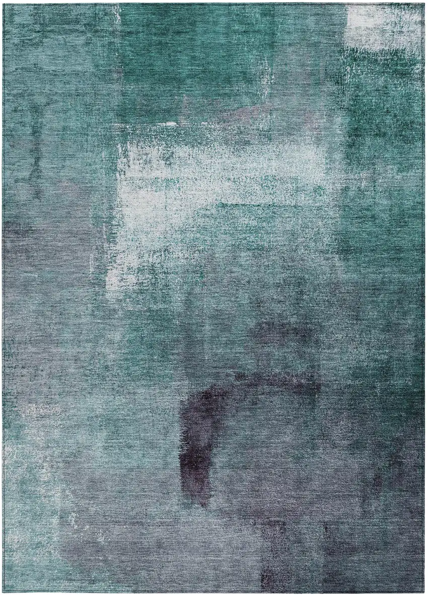 Teal Blue Aqua And Ivory Abstract Washable Indoor Outdoor Area Rug Photo 7