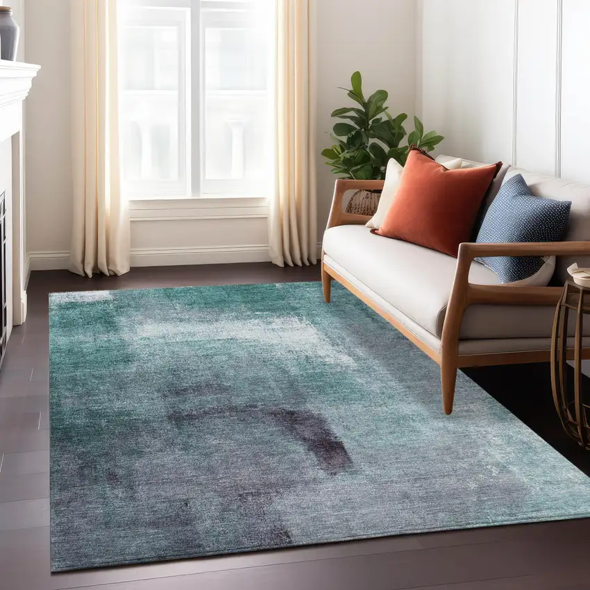 Teal Blue Aqua And Ivory Abstract Washable Indoor Outdoor Area Rug Photo 9