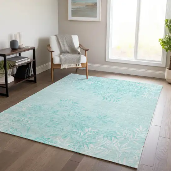 Teal Blue Aqua And Ivory Floral Washable Indoor Outdoor Area Rug Photo 9
