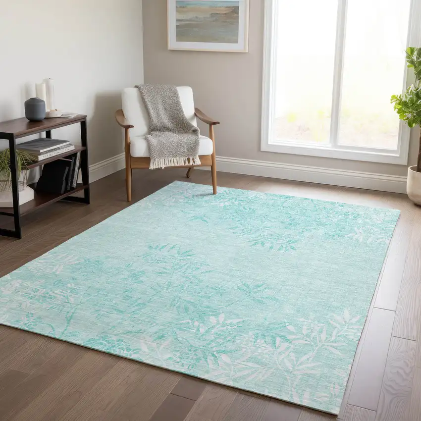 Teal Blue Aqua And Ivory Floral Washable Indoor Outdoor Area Rug Photo 9