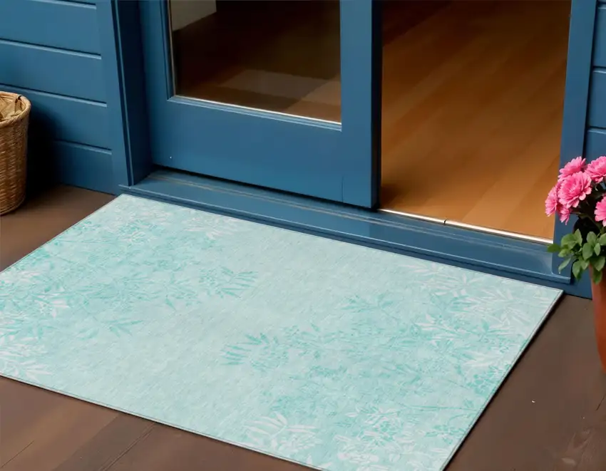 Teal Blue Aqua And Ivory Floral Washable Indoor Outdoor Area Rug Photo 1