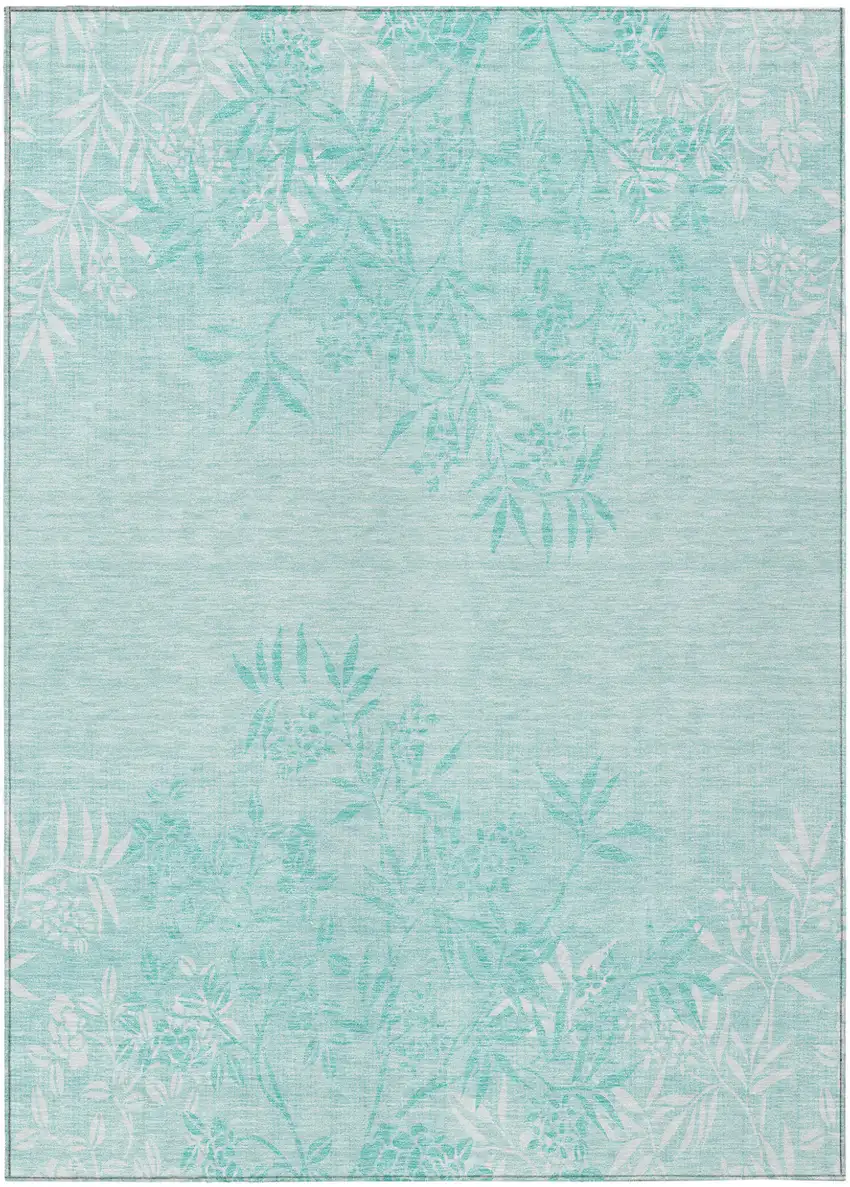 Teal Blue Aqua And Ivory Floral Washable Indoor Outdoor Area Rug Photo 2
