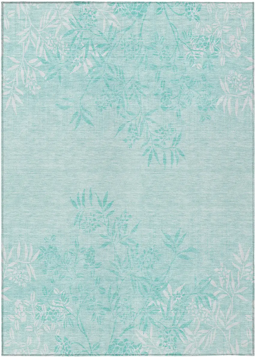 Teal Blue Aqua And Ivory Floral Washable Indoor Outdoor Area Rug Photo 2
