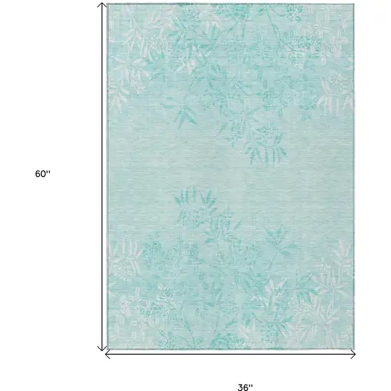 Teal Blue Aqua And Ivory Floral Washable Indoor Outdoor Area Rug Photo 3