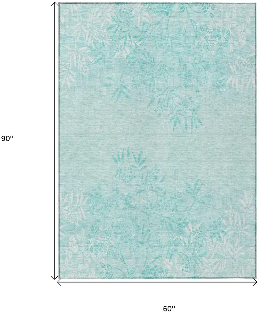 Teal Blue Aqua And Ivory Floral Washable Indoor Outdoor Area Rug Photo 3