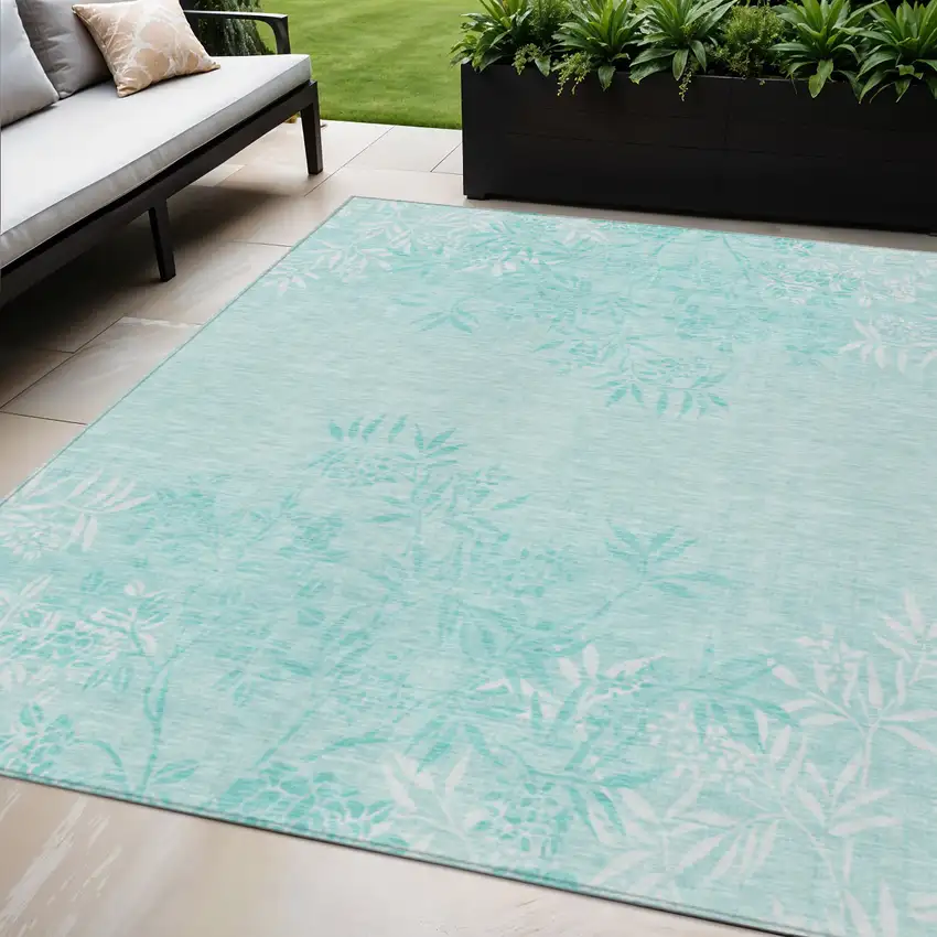 Teal Blue Aqua And Ivory Floral Washable Indoor Outdoor Area Rug Photo 1