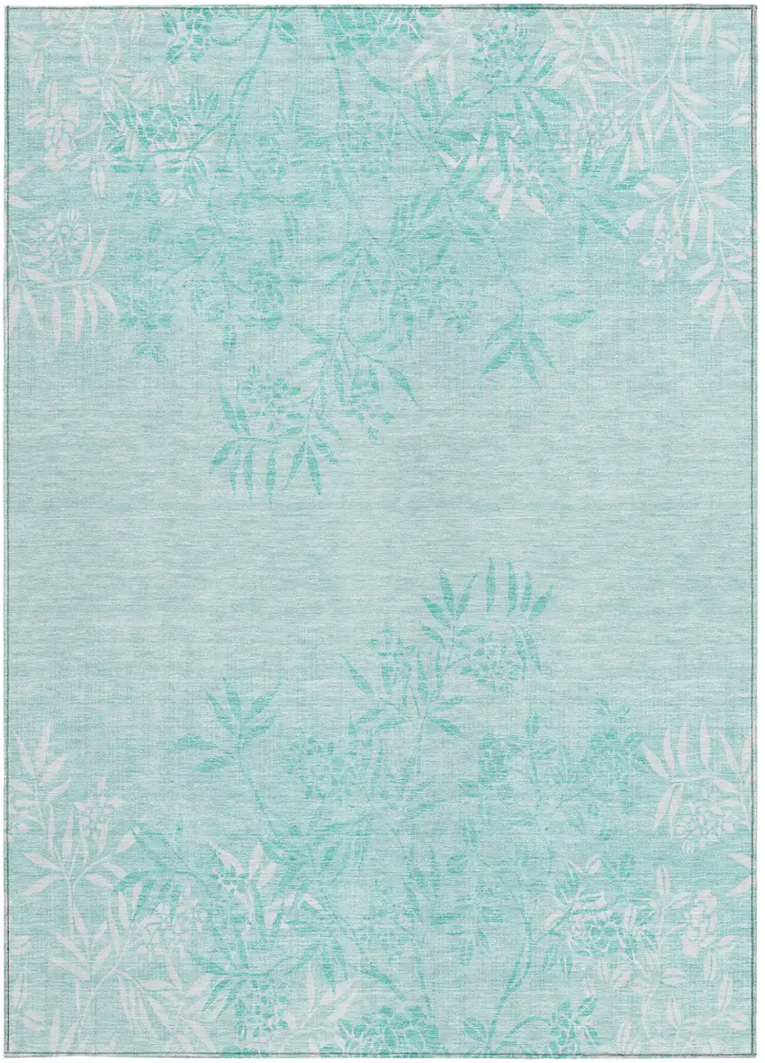 Teal Blue Aqua And Ivory Floral Washable Indoor Outdoor Area Rug Photo 7