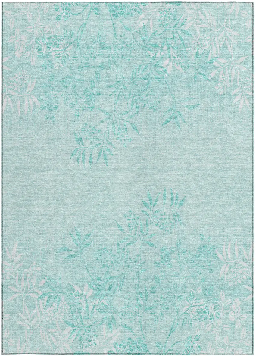 Teal Blue Aqua And Ivory Floral Washable Indoor Outdoor Area Rug Photo 7
