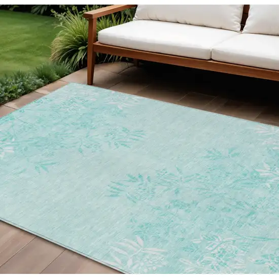 Teal Blue Aqua And Ivory Floral Washable Indoor Outdoor Area Rug Photo 1