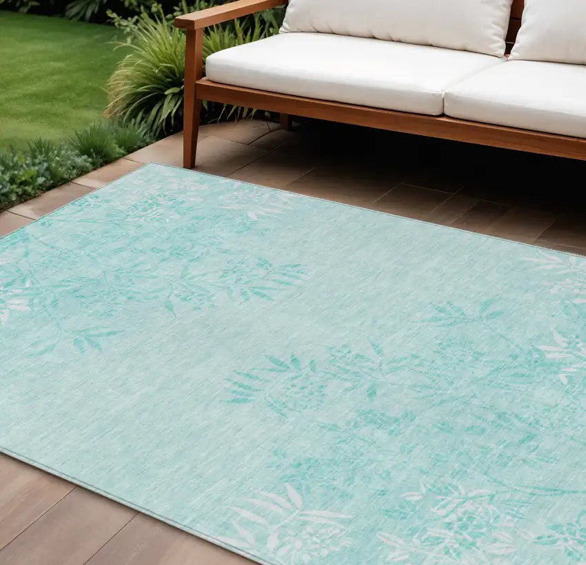 Teal Blue Aqua And Ivory Floral Washable Indoor Outdoor Area Rug Photo 1