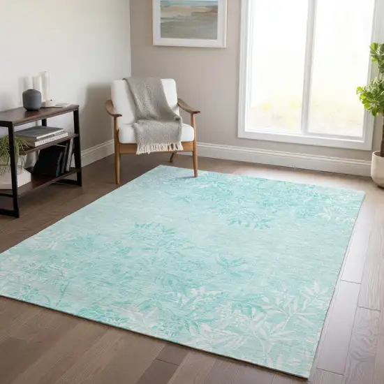 Teal Blue Aqua And Ivory Floral Washable Indoor Outdoor Area Rug Photo 9