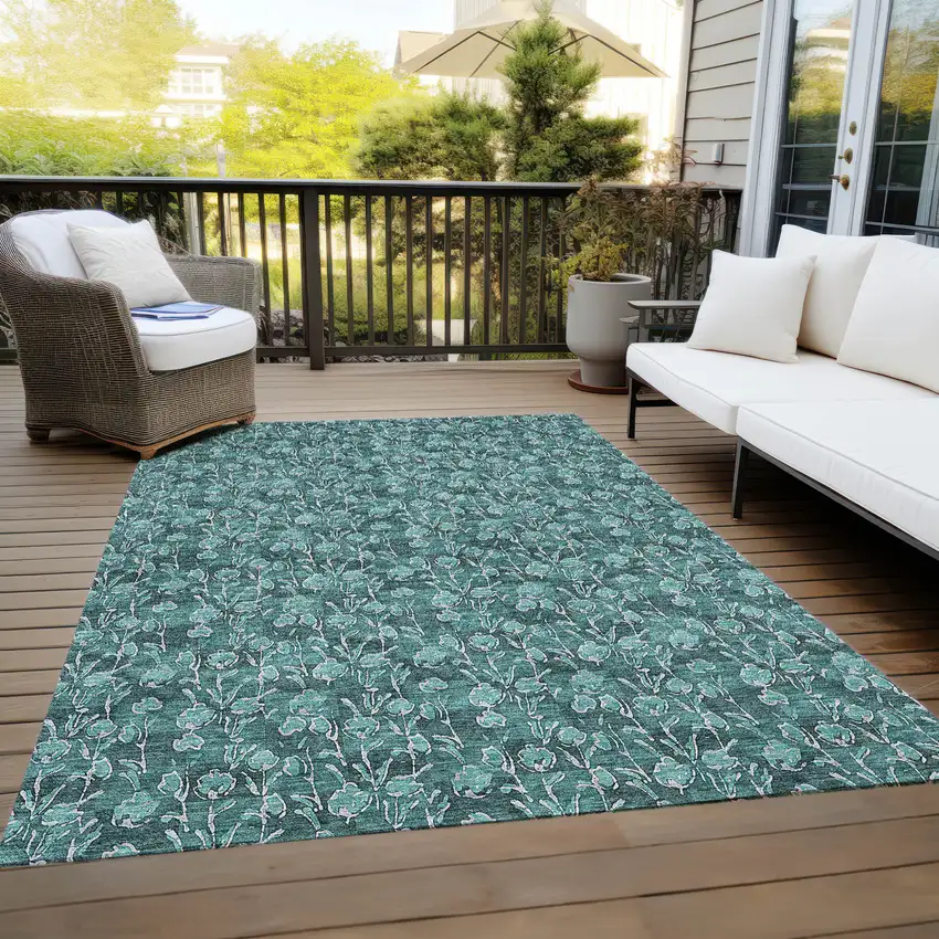 Teal Blue Aqua And Ivory Floral Washable Indoor Outdoor Area Rug Photo 9