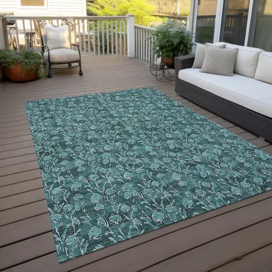 Teal Blue Aqua And Ivory Floral Washable Indoor Outdoor Area Rug Photo 7