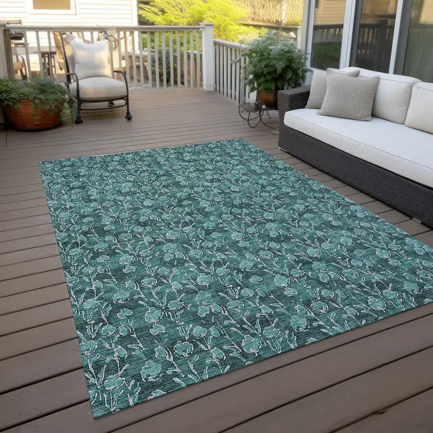 Teal Blue Aqua And Ivory Floral Washable Indoor Outdoor Area Rug Photo 7