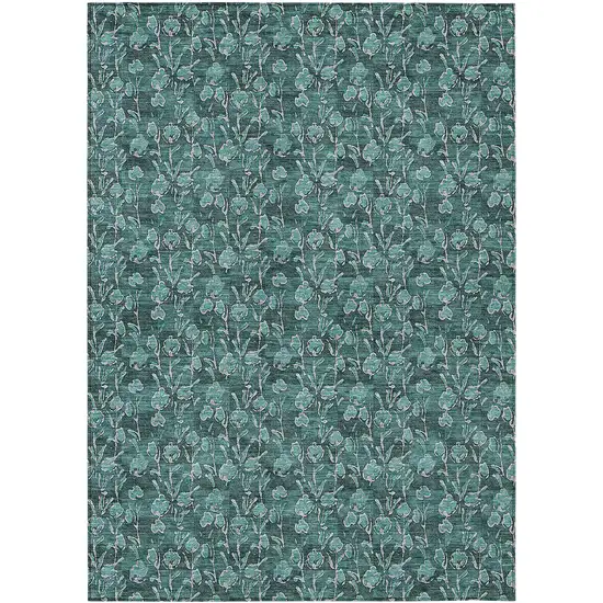 Teal Blue Aqua And Ivory Floral Washable Indoor Outdoor Area Rug Photo 2