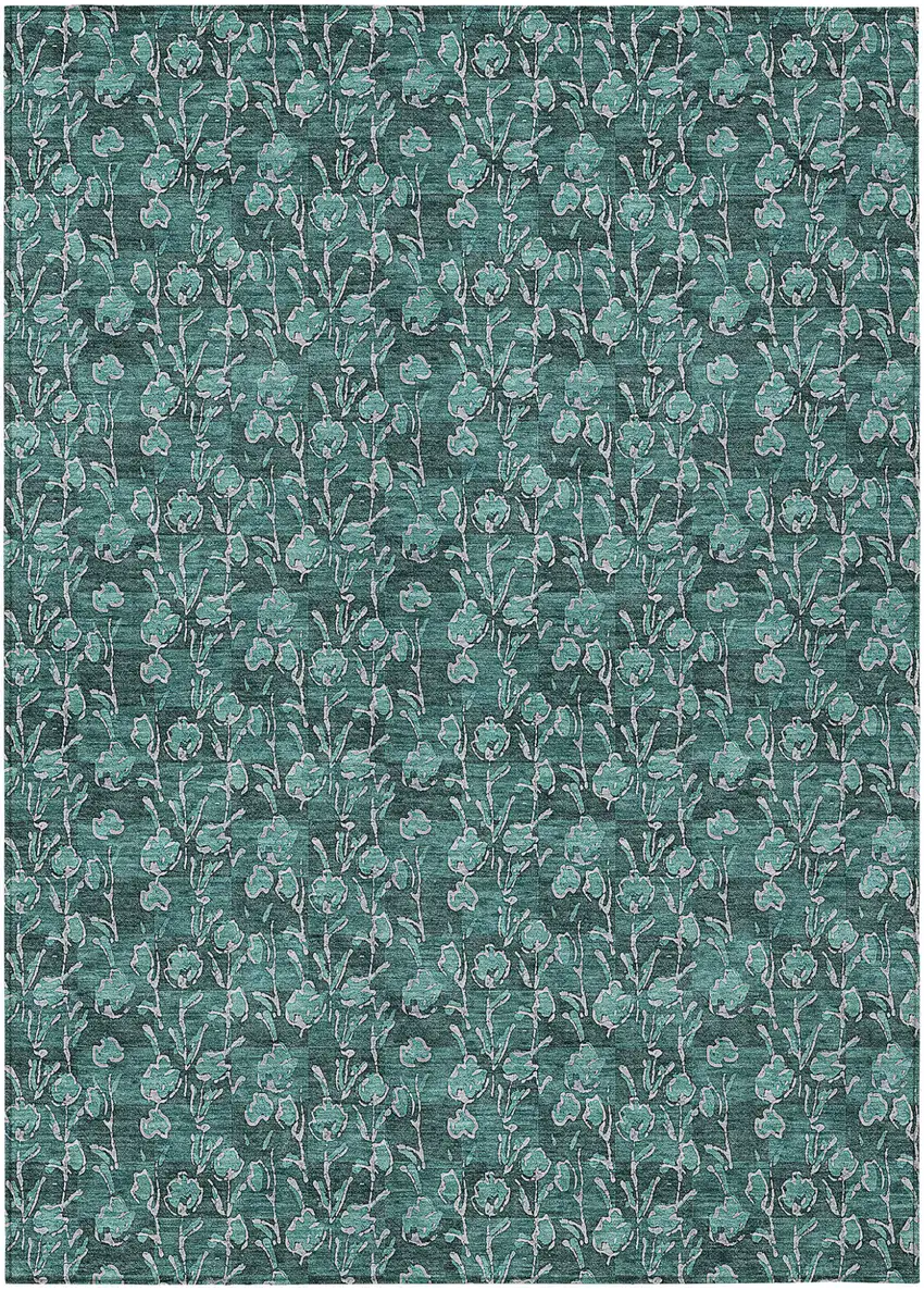 Teal Blue Aqua And Ivory Floral Washable Indoor Outdoor Area Rug Photo 2