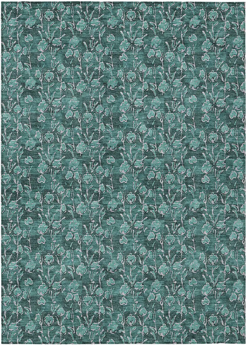 Teal Blue Aqua And Ivory Floral Washable Indoor Outdoor Area Rug Photo 2