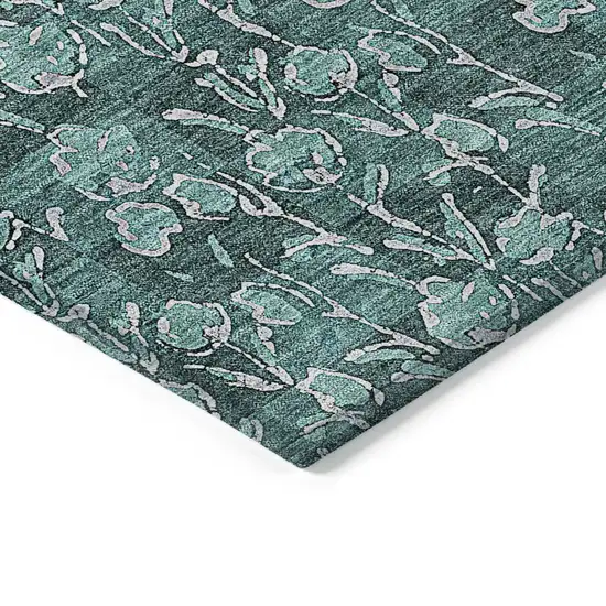 Teal Blue Aqua And Ivory Floral Washable Indoor Outdoor Area Rug Photo 4