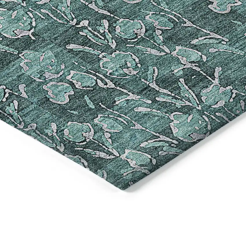 Teal Blue Aqua And Ivory Floral Washable Indoor Outdoor Area Rug Photo 4