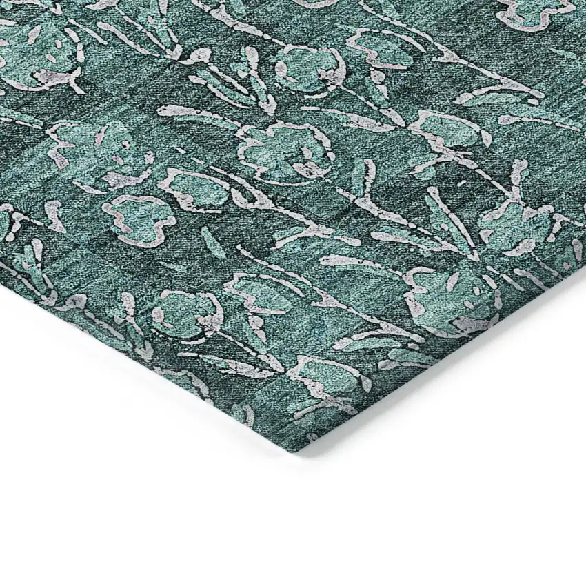 Teal Blue Aqua And Ivory Floral Washable Indoor Outdoor Area Rug Photo 4